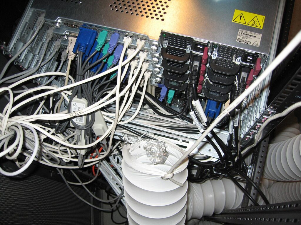 Network cabling and connections inside a server rack