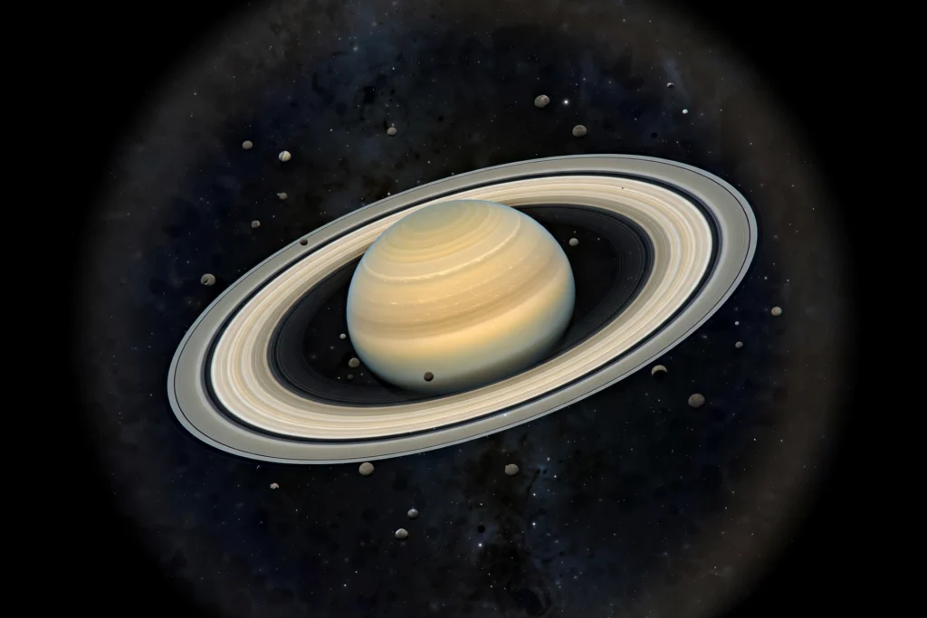 Saturn and its rings surrounded by many small moons in deep space