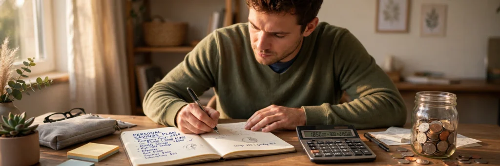 Person planning savings with a notebook, calculator and a jar of coins