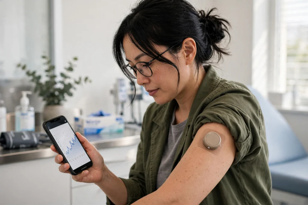 Person with type 2 diabetes checking a continuous glucose monitor reading on a smartphone