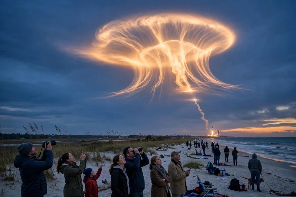 SpaceX rocket launch creating a glowing jellyfish cloud in the twilight sky over the coast